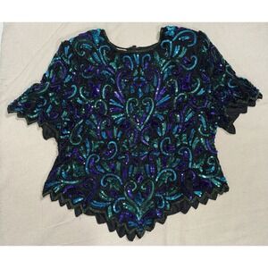 Vtg Laurence Kazar 100% Silk Embroidered Beaded Evening Blouse Women's 2X XXL